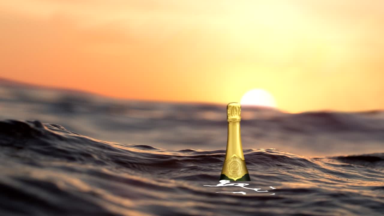 Animation work on a bottle of champagne floating on the high seas.