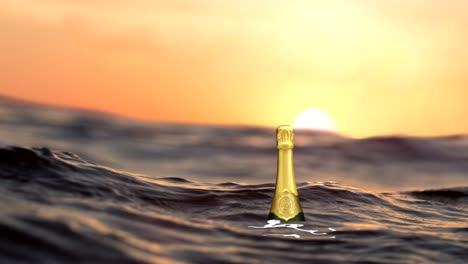 animation work on a bottle of champagne floating on the high seas.