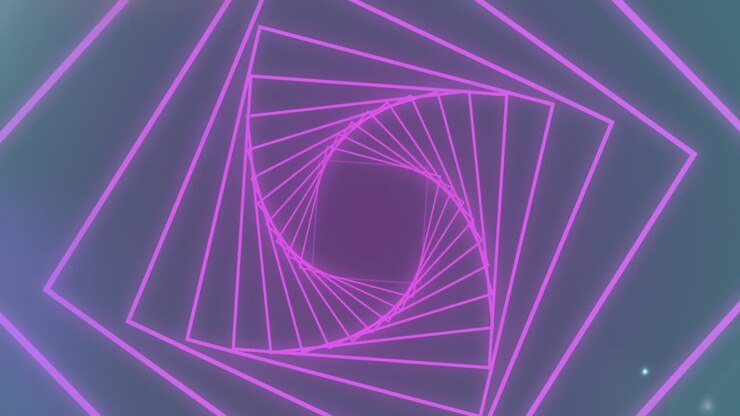 Animação de espiral pentagonal rosa sobre luzes coloridas em um fundo preto.
