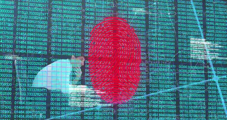 Animation af fingeraftryksikon og databehandling over kaukasisk mand på sort baggrund