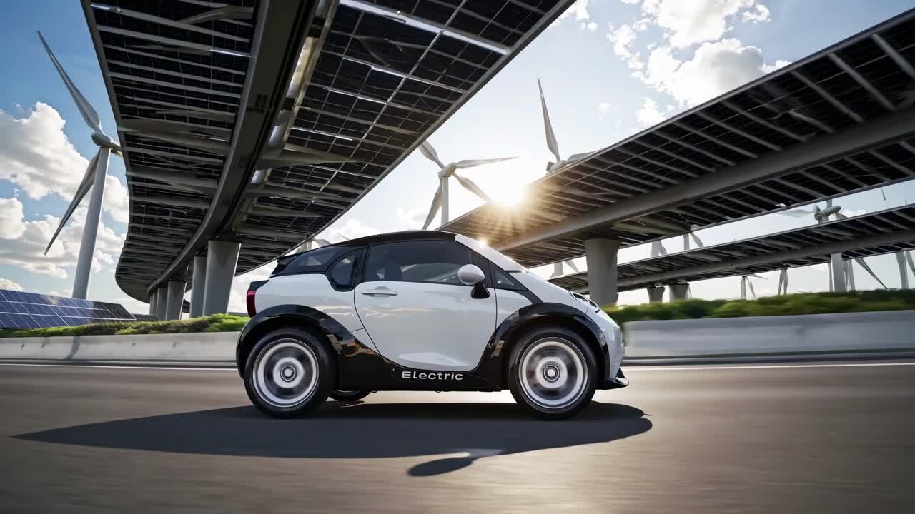 Side view video of a compact electric car driving under solar panels and wind turbines
