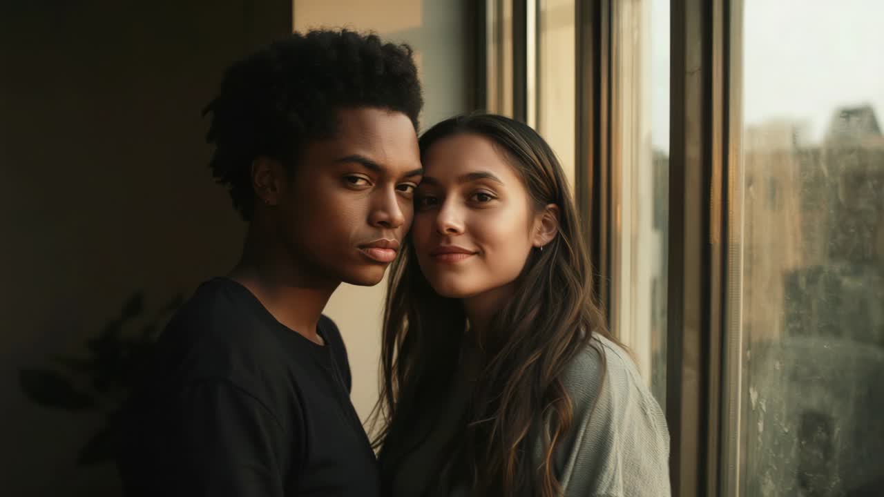 Leaning woman in jacket pressing cheek, spurring man in black tee turning by window, showing warmth