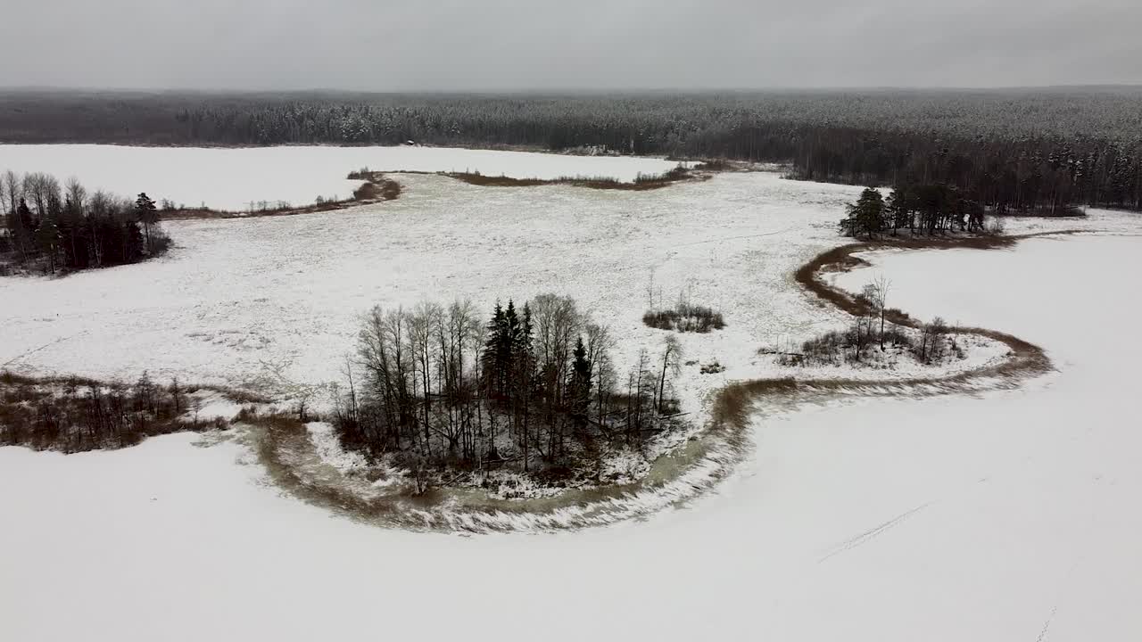 Vista aerea con drone di un prato ghiacciato accanto a laghi in inverno
