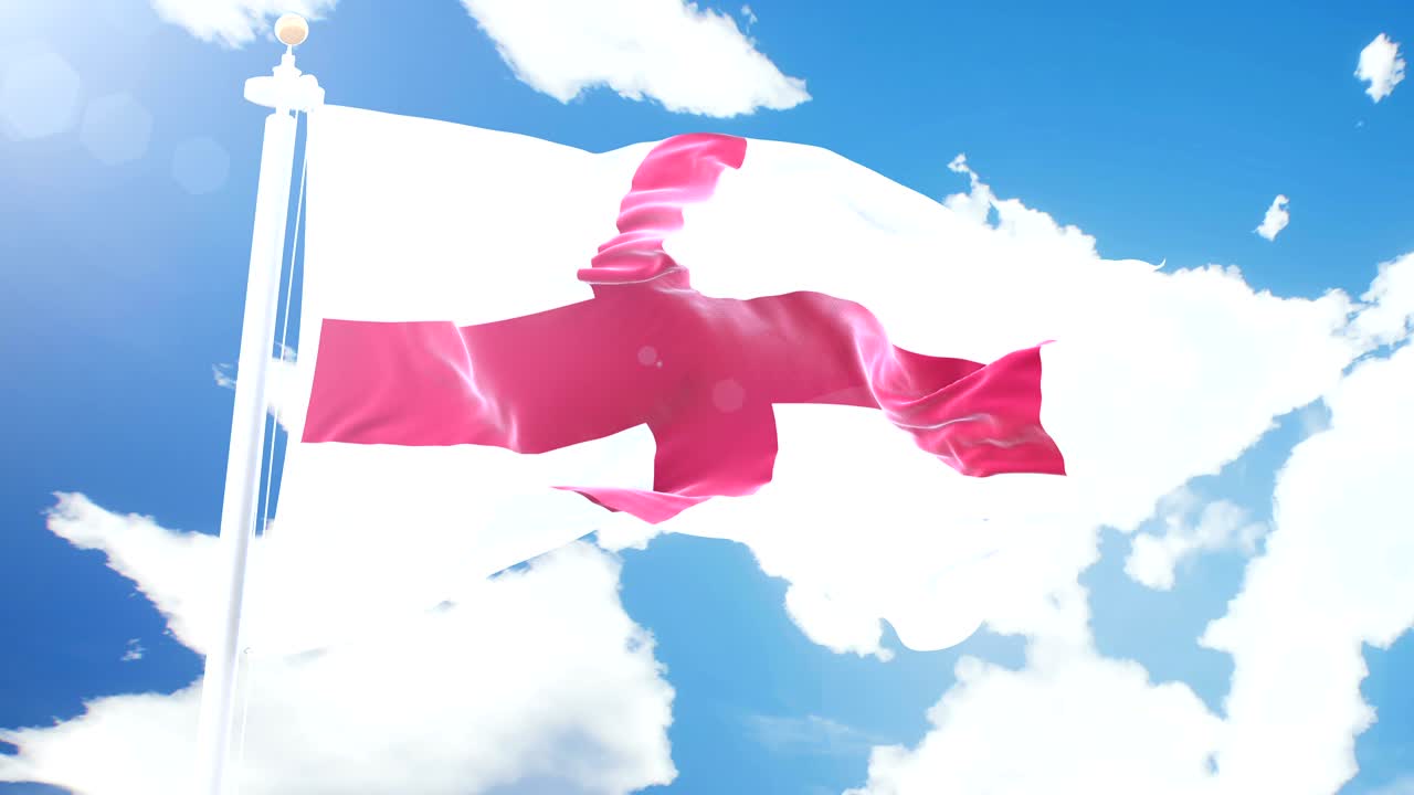 타임 스 구름 배경에서 흔들리는 현실적인 잉글랜드 발, 세부적인 직물 텍스처와 함께 4k 해상도의 완벽한 루프.