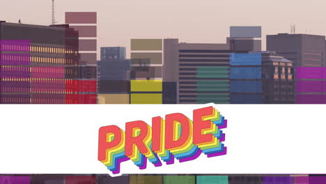 pride text animation over colorful geometric shapes and cityscape background