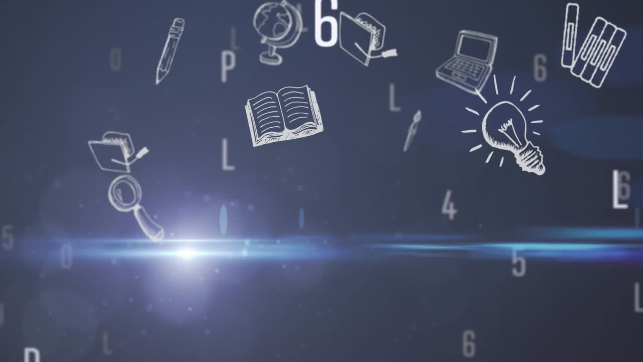 학교 물건과 검은색으로 움직이는 빛과 함께 변화하는  ⁇ 색 숫자와 글자의 애니메이션