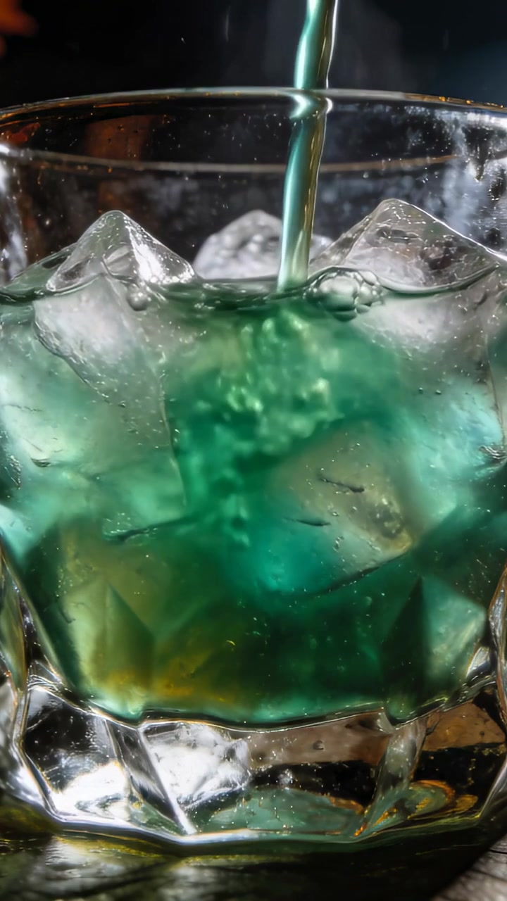 Video verticale: Liquido sottile color verde acqua che scorre colpendo grandi cubetti di ghiaccio in un bicchiere lowball, durante la miscelazione al bar