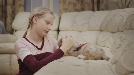 child playing with a puppy on the sofa in the living room