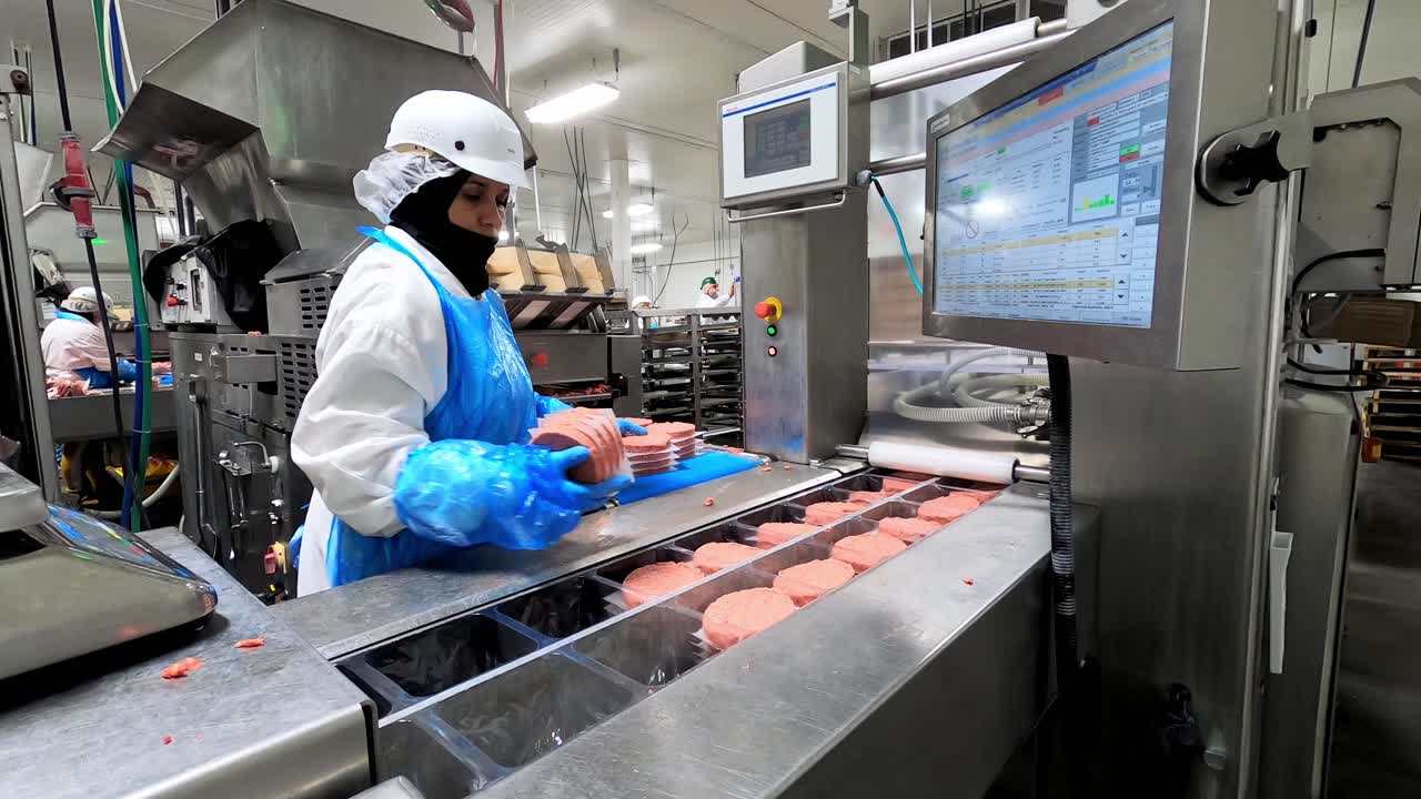 Timelapse of a blue collar laborer working on a burger patty processing production line