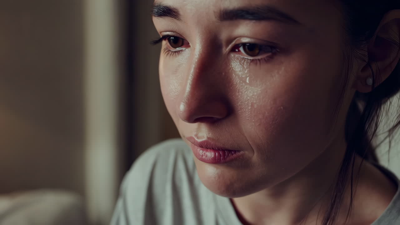 Woman looking at phone, crying in her bedroom at night