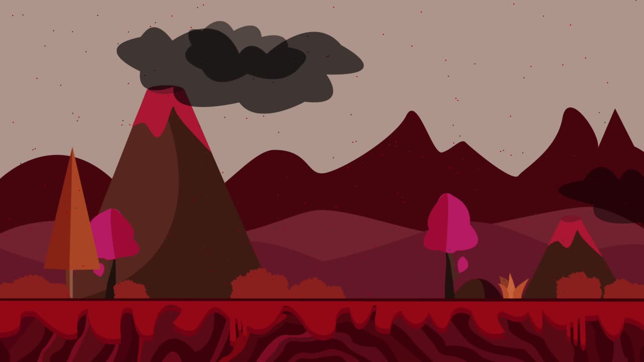 hermosa animación paisajística de volcanes con humo y árboles en movimiento, estilo plano de dibujos animados