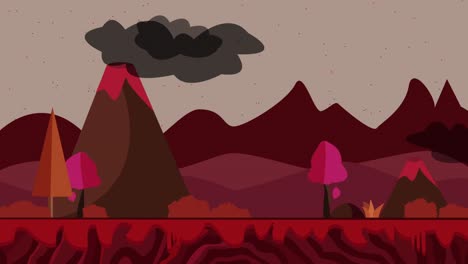 beautiful volcanoes landscape animation with smoke and trees moving, cartoon flat style