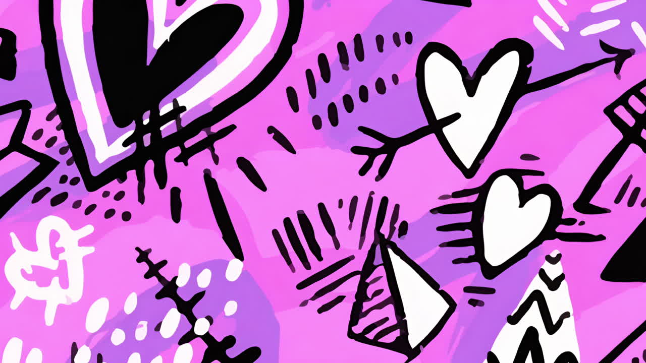 Vibrant Abstract Doodle Pattern with Hearts and Arrows