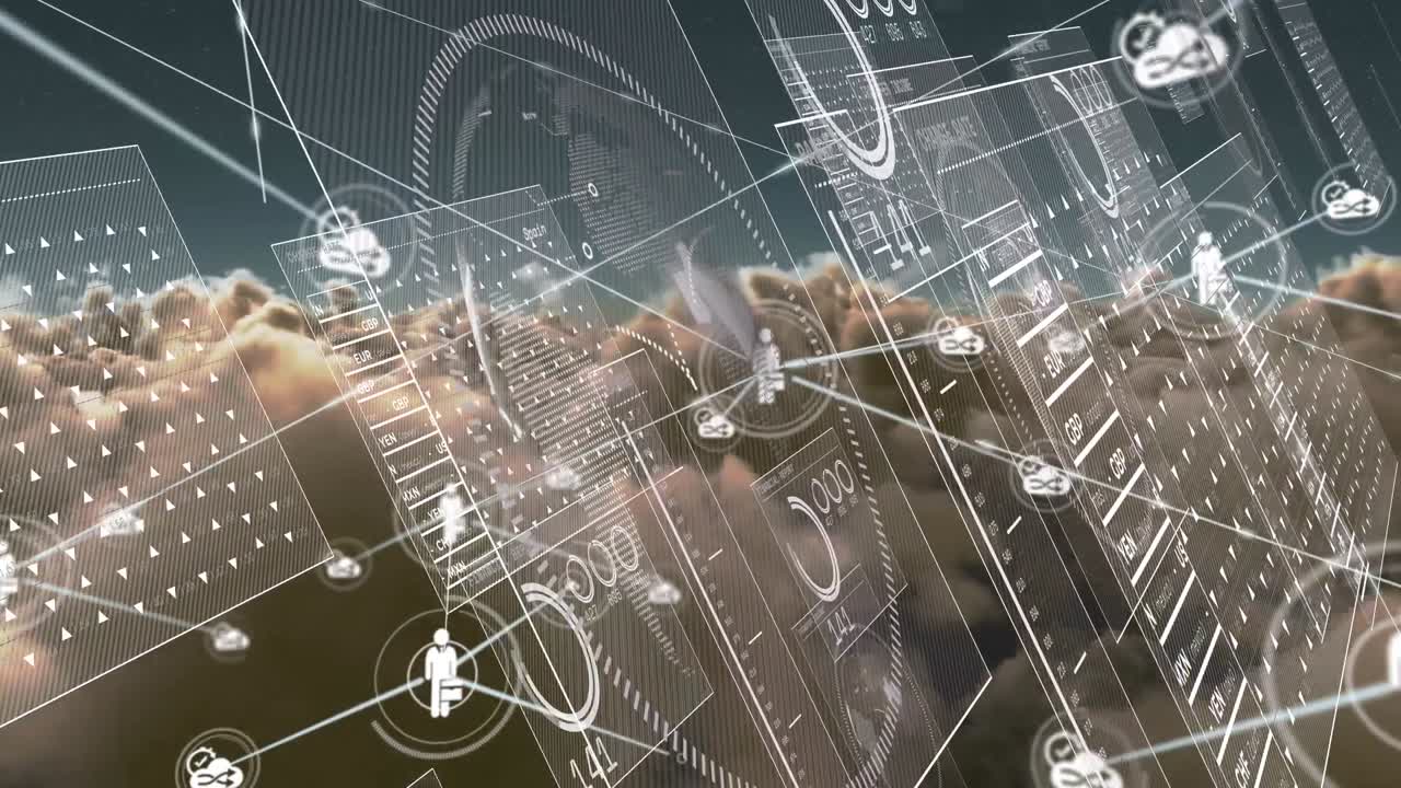 구름이 있는 하늘 위의 연결 네트워크와 함께 데이터 처리의 애니메이션