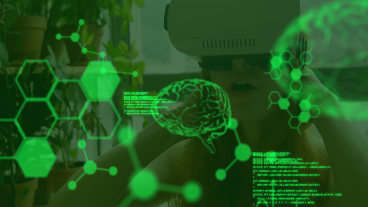 datos científicos con la mujer usando auriculares vr en un fondo de 4k