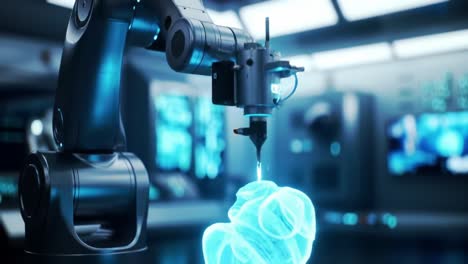 innovative robotic arm manipulating a glowing holographic structure in a futuristic laboratory environment with advanced technology elements