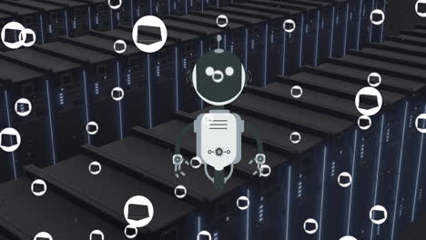 animación de un bot de chat y iconos en el fondo del servidor de la computadora