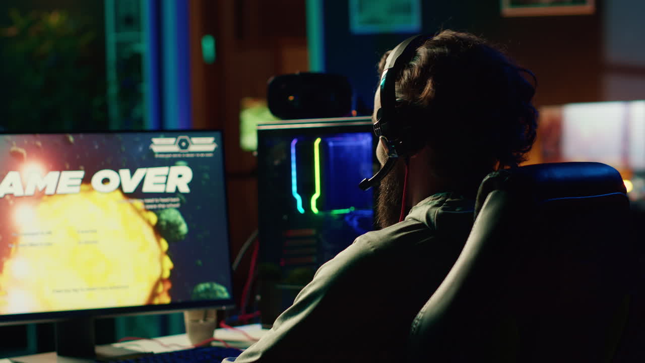 Gamer receiving game over screen, getting his spaceship destroyed in huge explosion