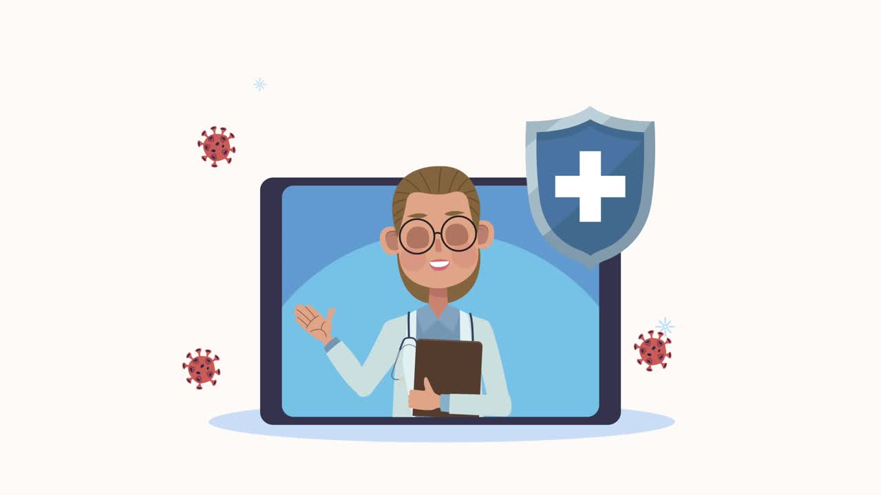 женщина-доктор в таблетке и щите медицинская анимация