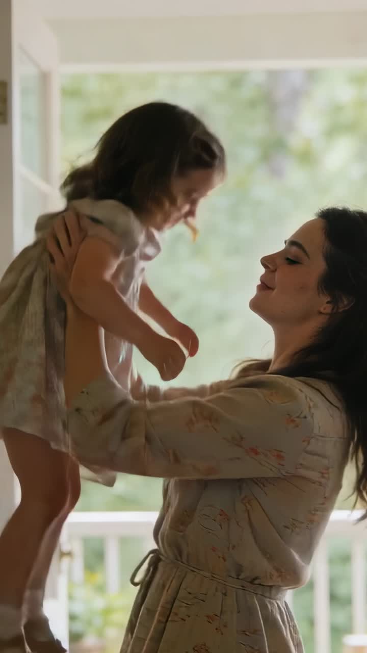 Video verticale: Mamma solleva bambino, lo tiene alla porta e lo guida per l'equilibrio. Motivi floreali, cintura in vita e anello.