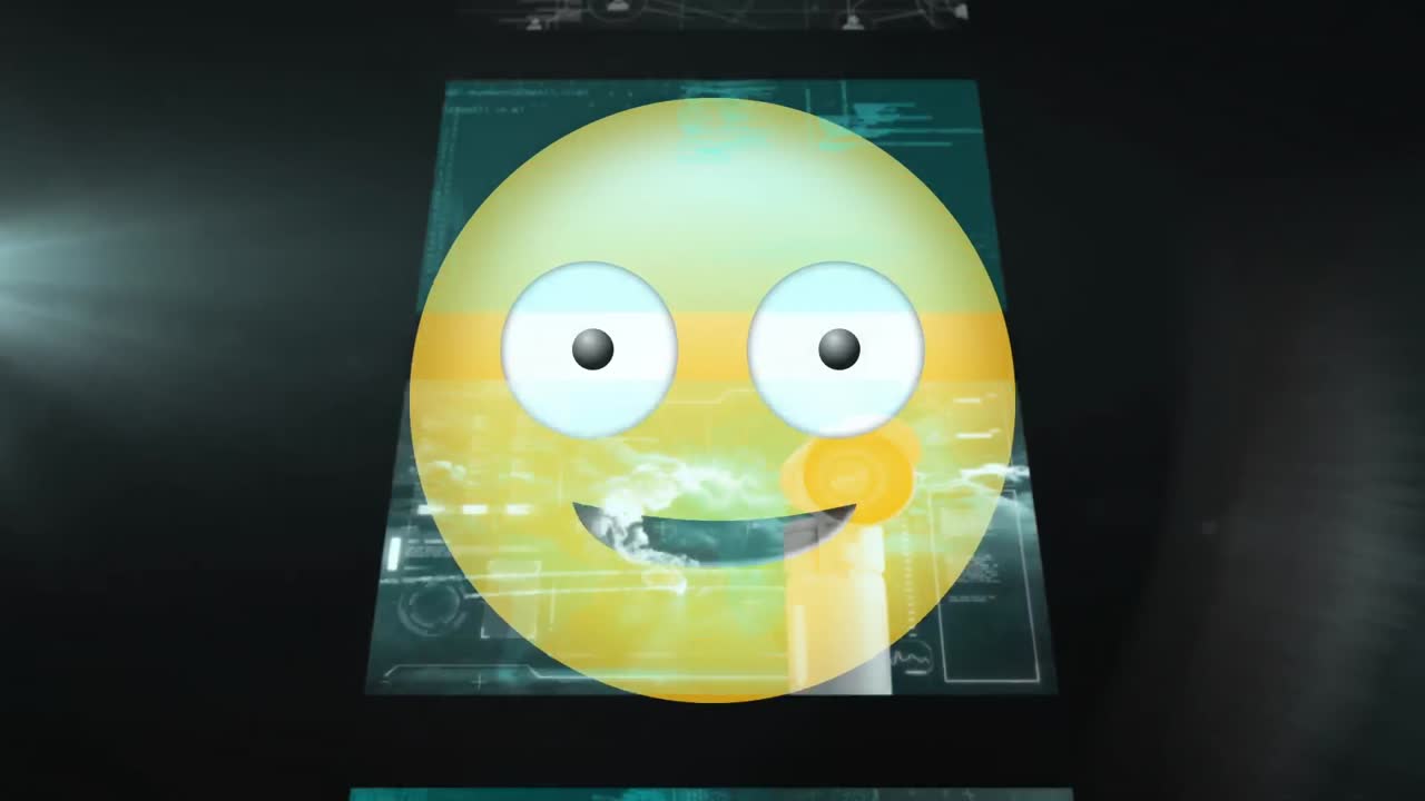 Animation of happy emoji icon over moving screens on black background