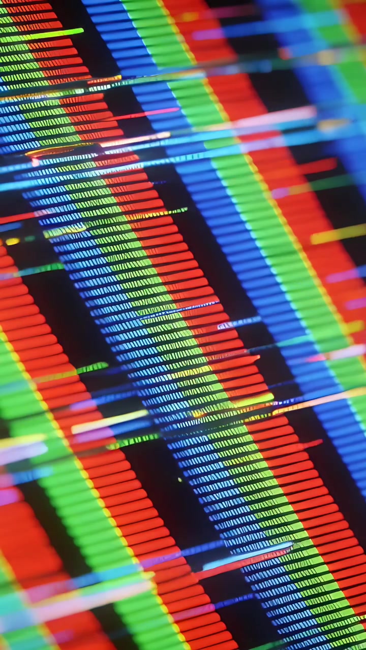 Vertical video: Refreshing screen shifting RGB pixel grid in closeup with scanlines and yellow dot