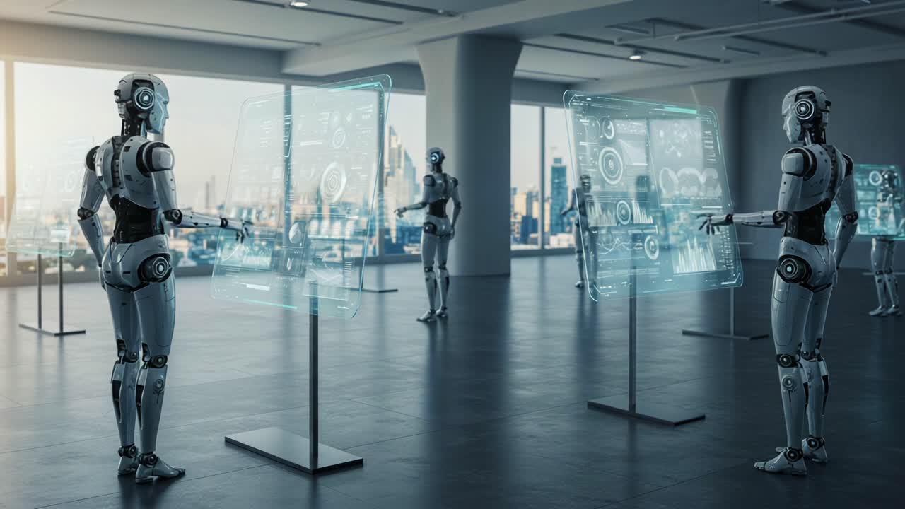 Futuristic Robots in a Modern Environment Interacting with Holographic Displays, Showcasing Advanced Technology and Digital Innovation