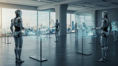 futuristic robots in a modern environment interacting with holographic displays, showcasing advanced technology and digital innovation