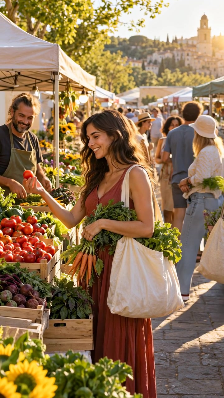 Compradora sorridente pega um tomate de uma banca de mercado de madeira enquanto segura cenouras frescas e verduras, com vendedores, visitantes, flores, árvores e uma luz de fundo dourada atrás dela.