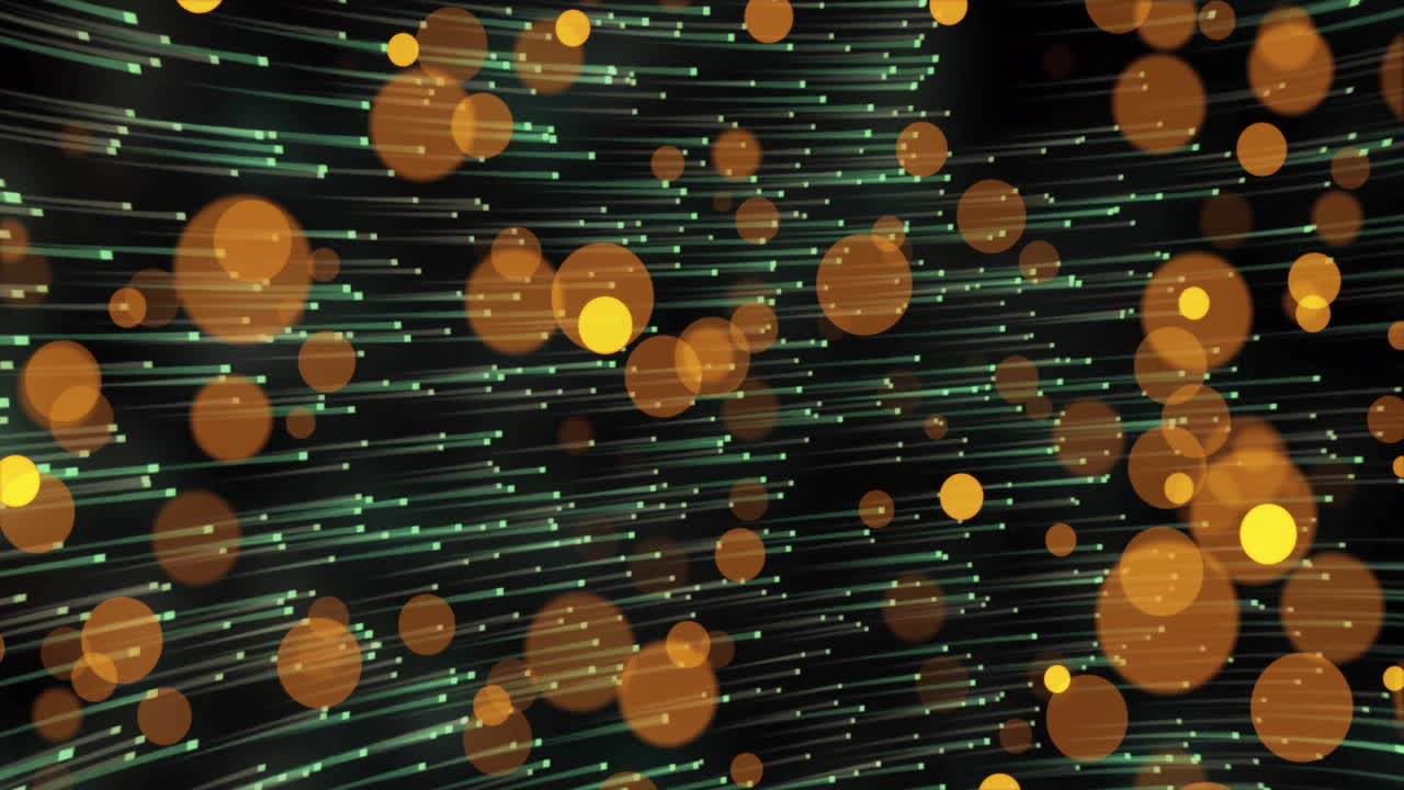 Floating orange circles dancing over dark space, curving green lines weaving through layers