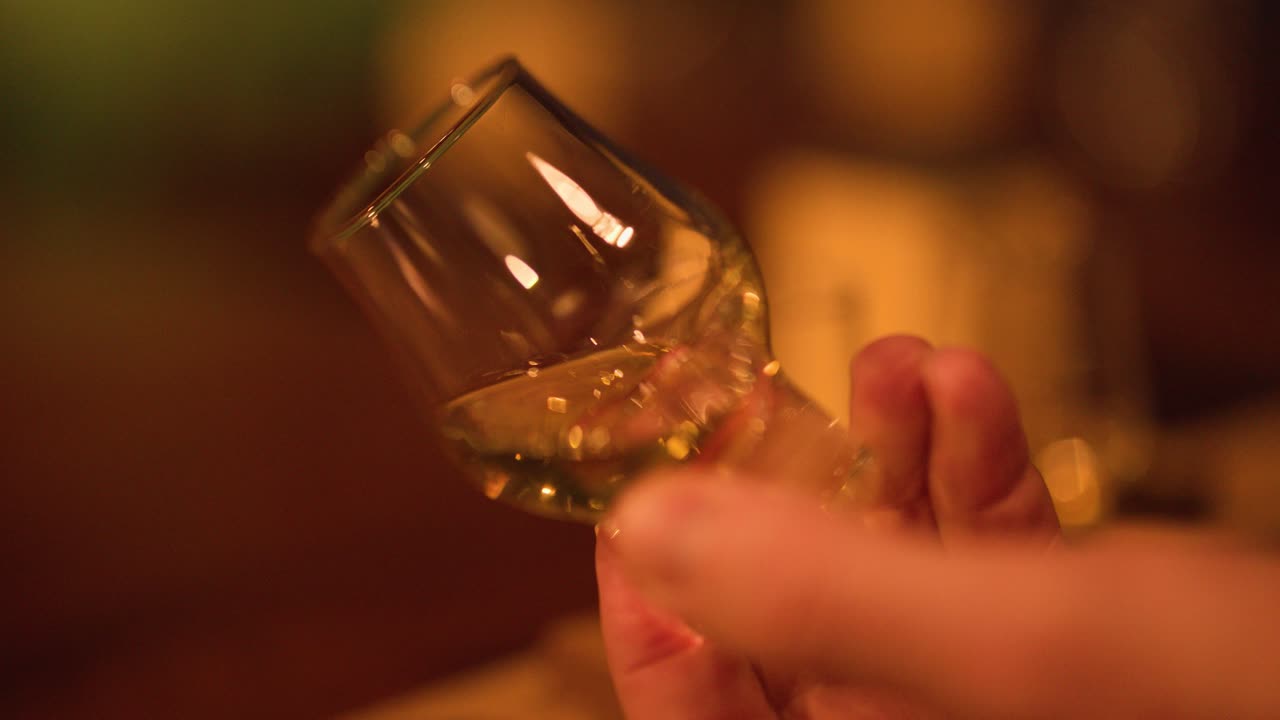 Close-up of hand swirling whisky glass, warm ambient lighting, shallow depth of field, bokeh background