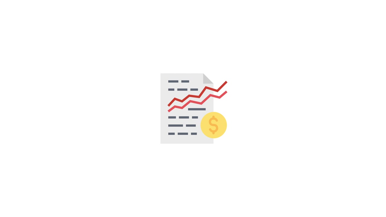Documento finanziario animato con grafico in crescita e moneta da un dollaro