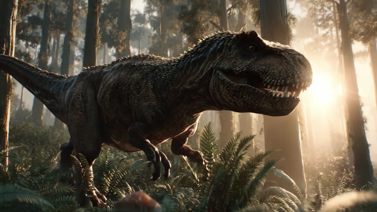 Un terrificante Tyrannosaurus Rex si aggira in una foresta preistorica all'alba, catturando l'essenza di un'era perduta con felci rigogliose e luce solare a chiazze.