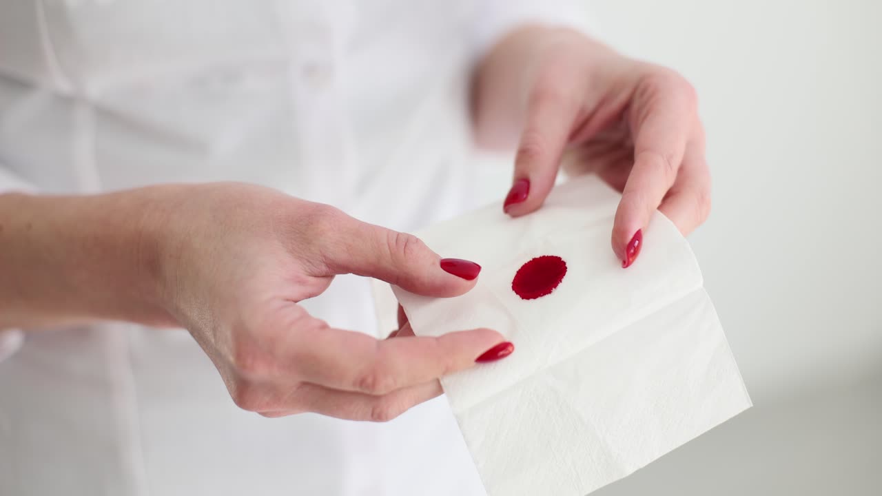 Close-up of hands holding a tissue with a blood stain