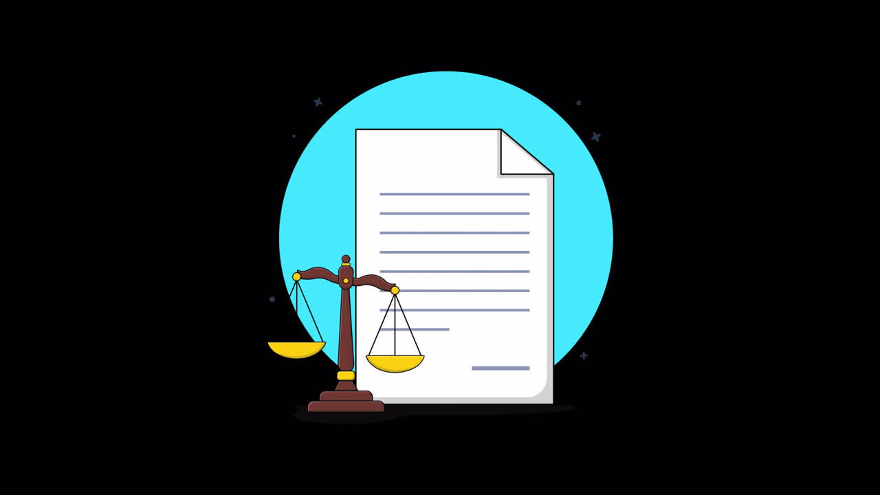Animated Illustration of Legal Document with Gavel and Scales of Justice