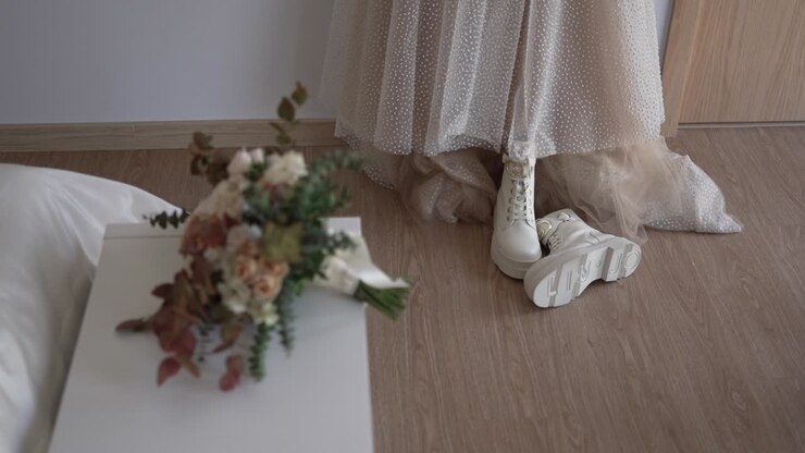 Bridal Attire: Wedding Dress, White Boots, and Bouquet
