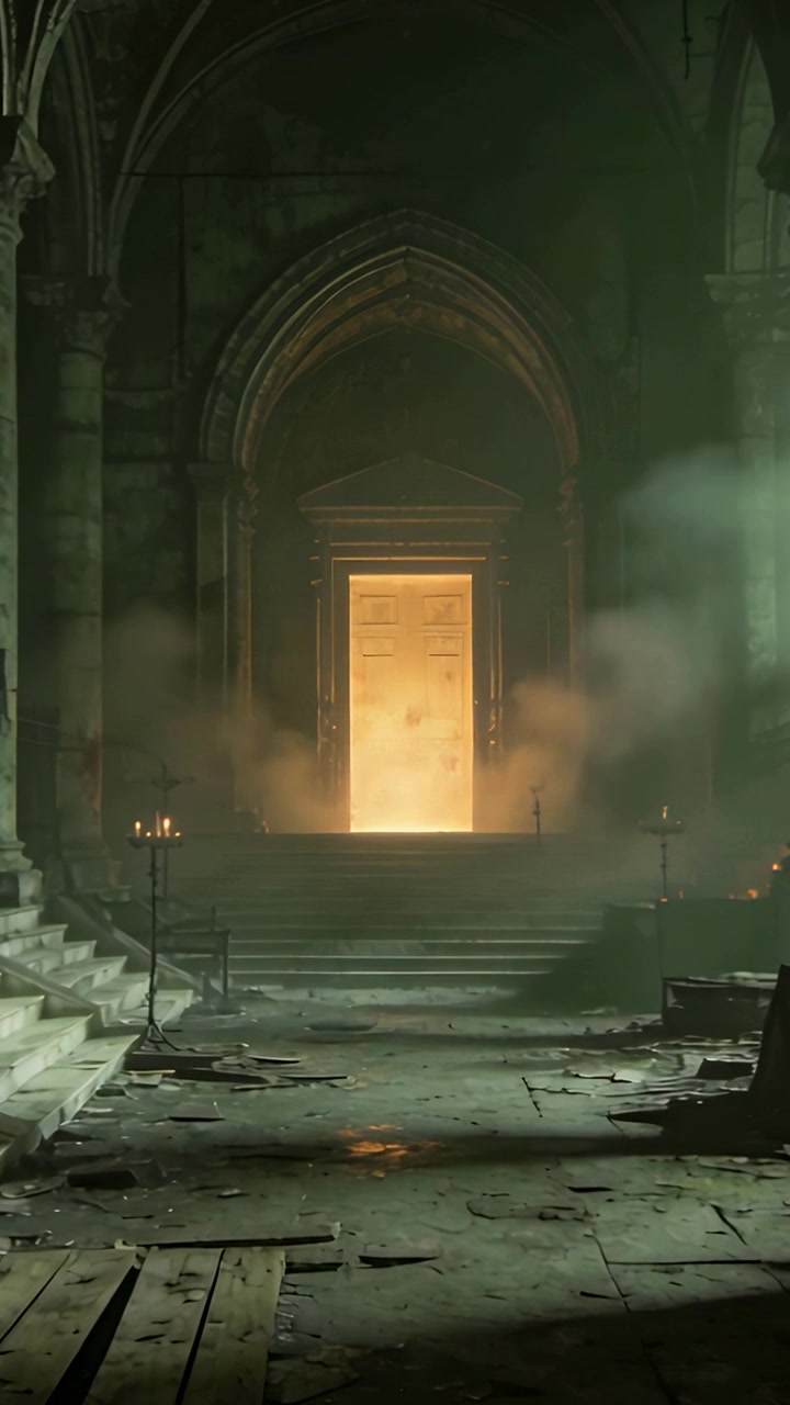 Video verticale: Porta di legno luminosa che irradia luce calda in una navata gotica, illuminando i gradini.