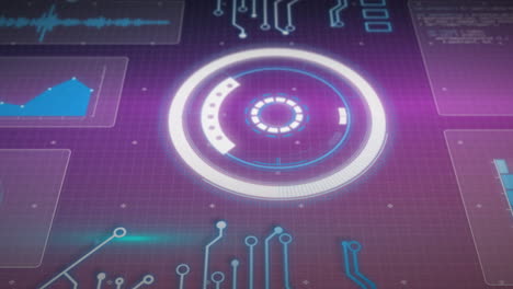 animation of circular scanner, light and charts processing data on dark purple background