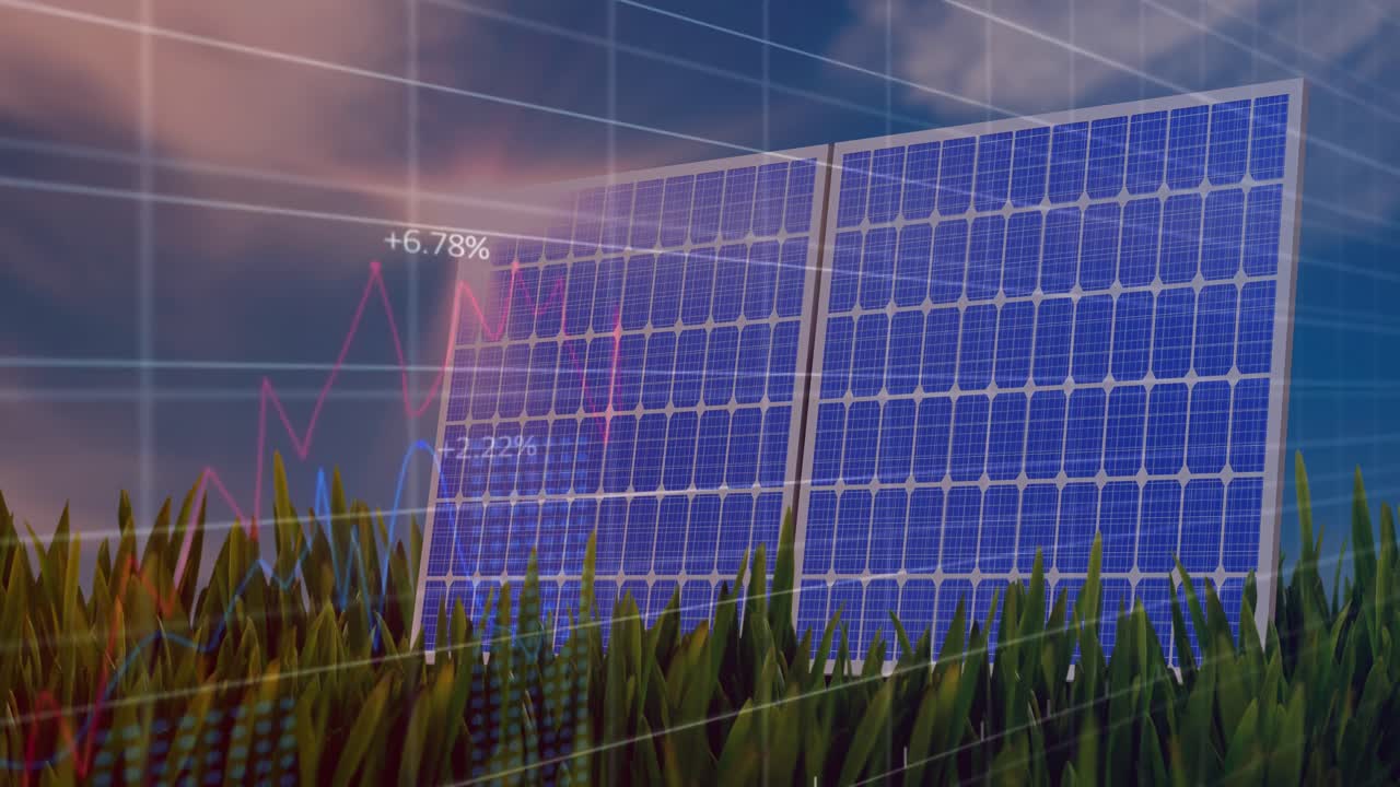 파란 하늘의 구름에 대한 태양 패널을 통해 금융 데이터 처리가