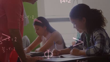 animation of math formulas over diverse teacher and girls at school