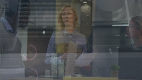 animation of financial data processing over caucasian businesswoman in office