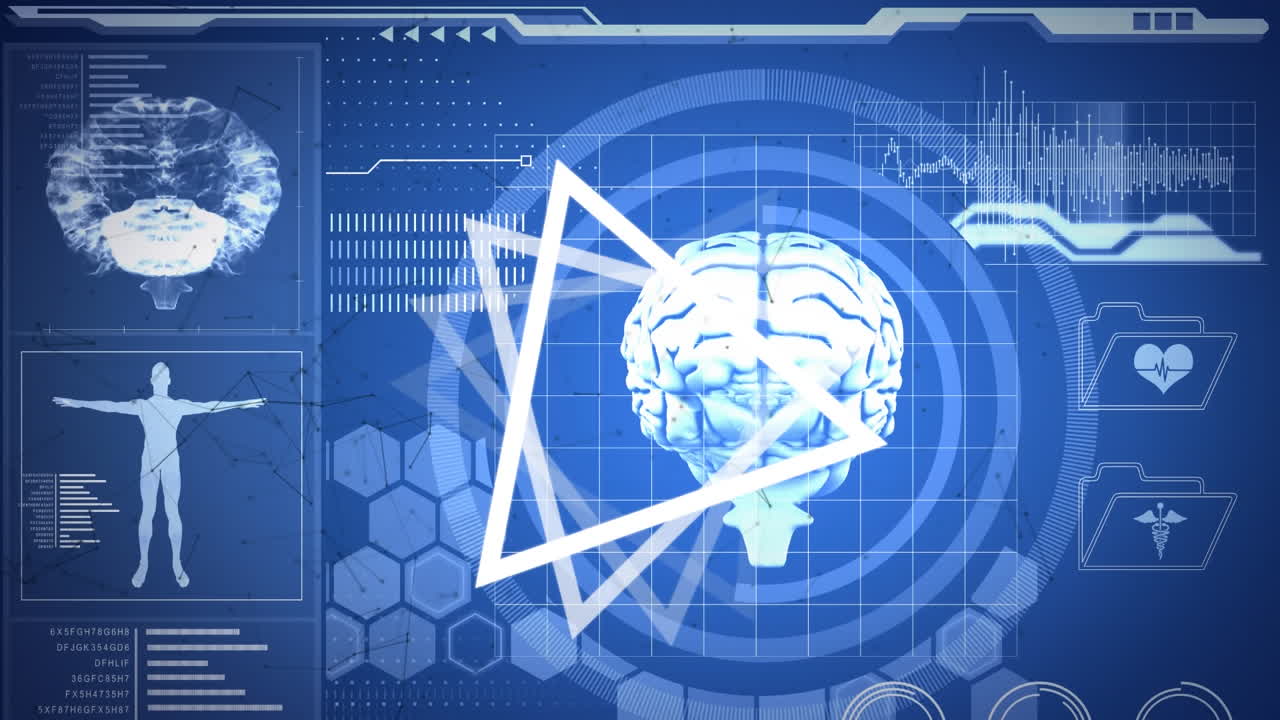 Geometric triangle shape spinning over digital interface with medical data processing