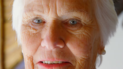 Close-up-of-Caucasian-senior-woman-looking-at-camera-in-a-comfortable-home-4k