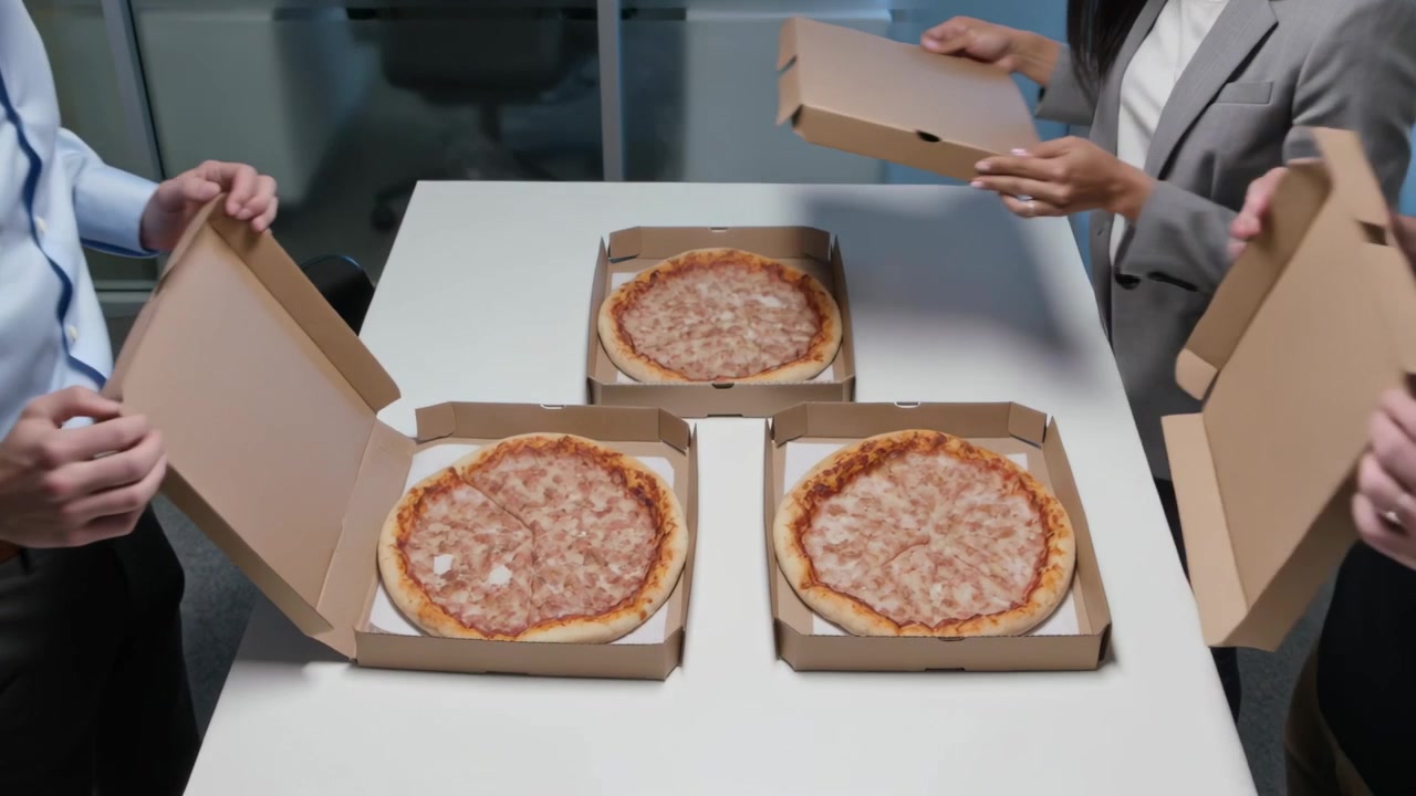 Tre kollegor i affärsmässig avslappnad klädsel pekar på lådor och lyfter locken vid mötesbordet för att servera pizzor.