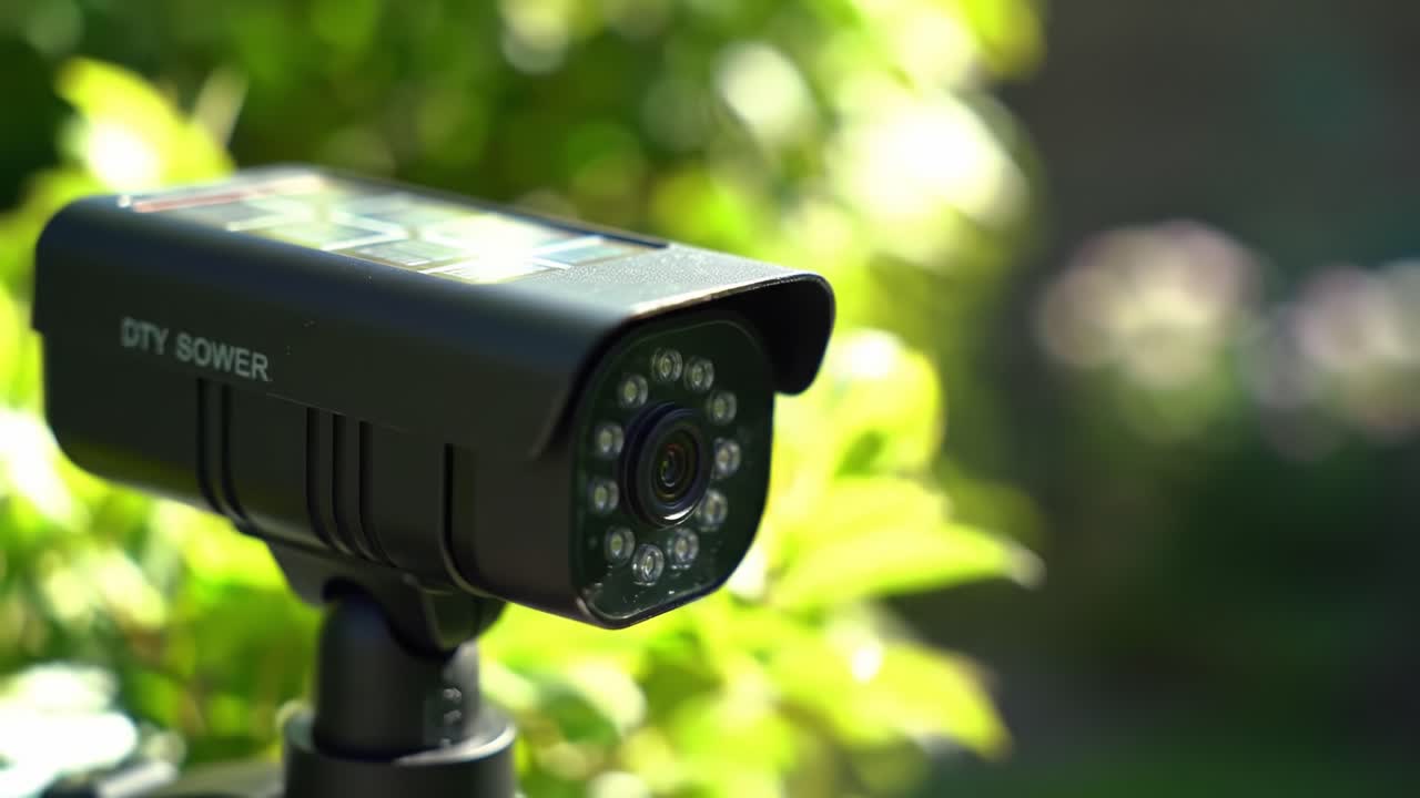 A camera is being positioned in a backyard garden to capture wildlife activity at dawn. The surroundings are filled with greenery, highlighting the early morning atmosphere.