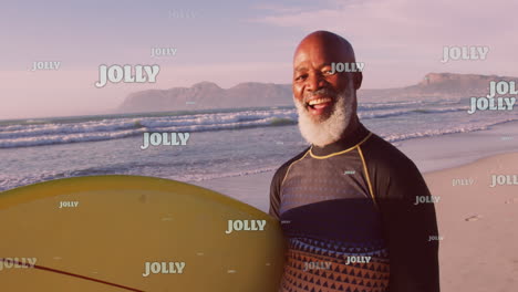 animation of christmas greetings text over senior african american man with surfboard on beach