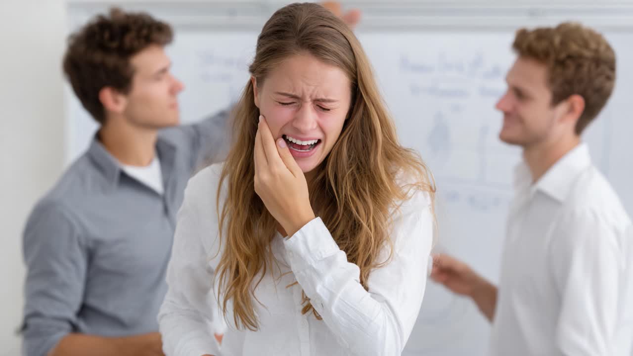 A Distressed Young Woman in a Group Setting, Experiencing Emotional Turmoil Amidst Peers While Expressing Concern Over Unseen Issues in a Professional Environment