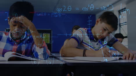 animation of math formulas over focused diverse boys learning at school