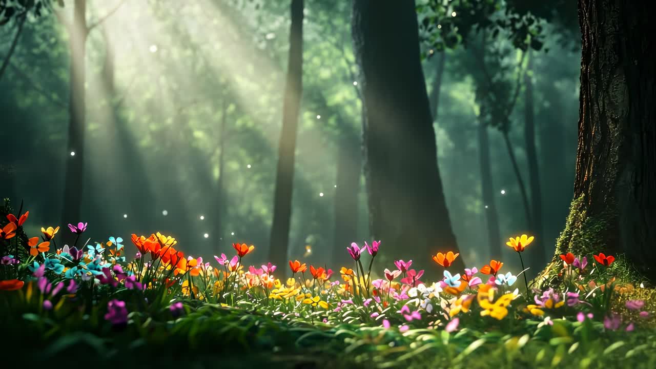 A low-angle video shot captures a mystical forest with colorful flowers and soft sunlight filtering