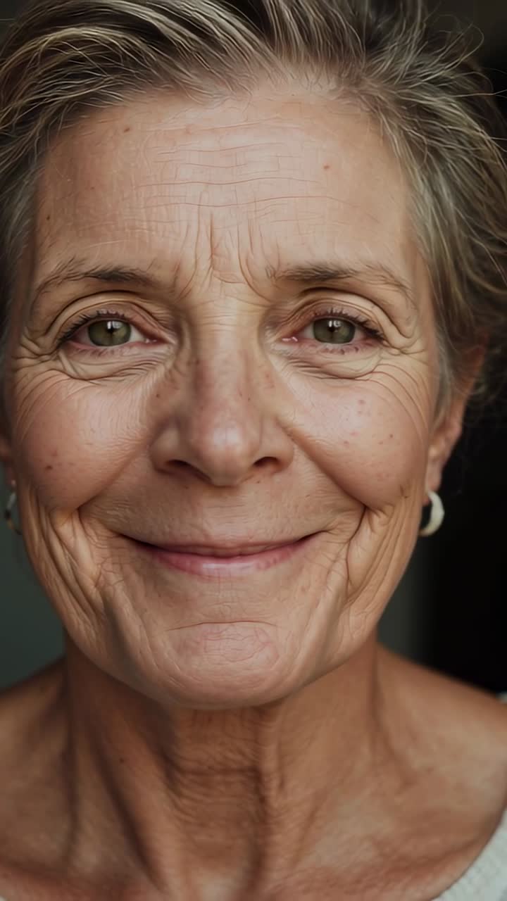 Vertical video: Recording senior woman seeing camera, smiling in portrait wearing scoop top, hoops